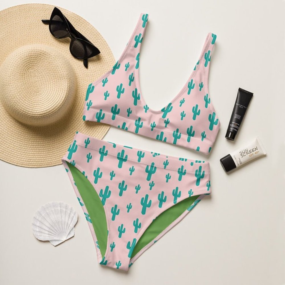Western Cactus Print High-Waisted Bikini
